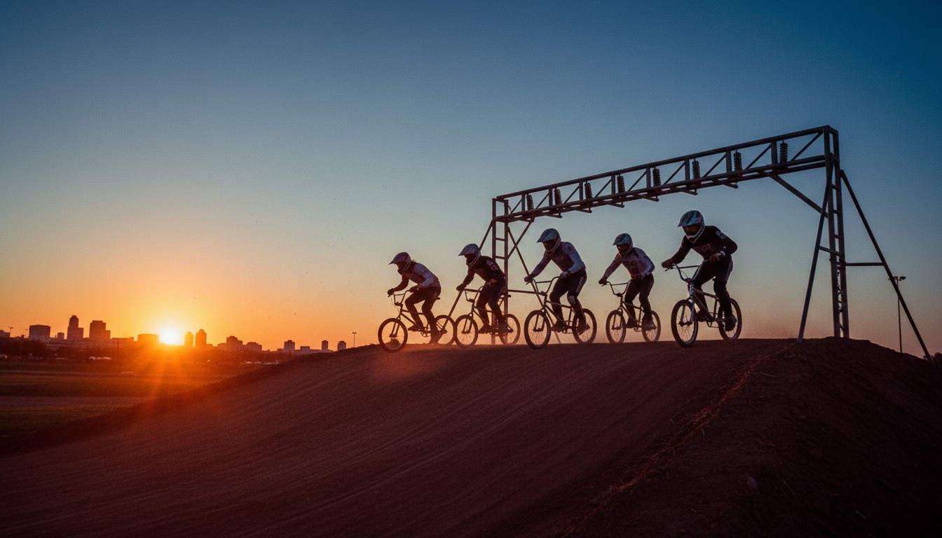 BMX riders at the starting gate at sunset