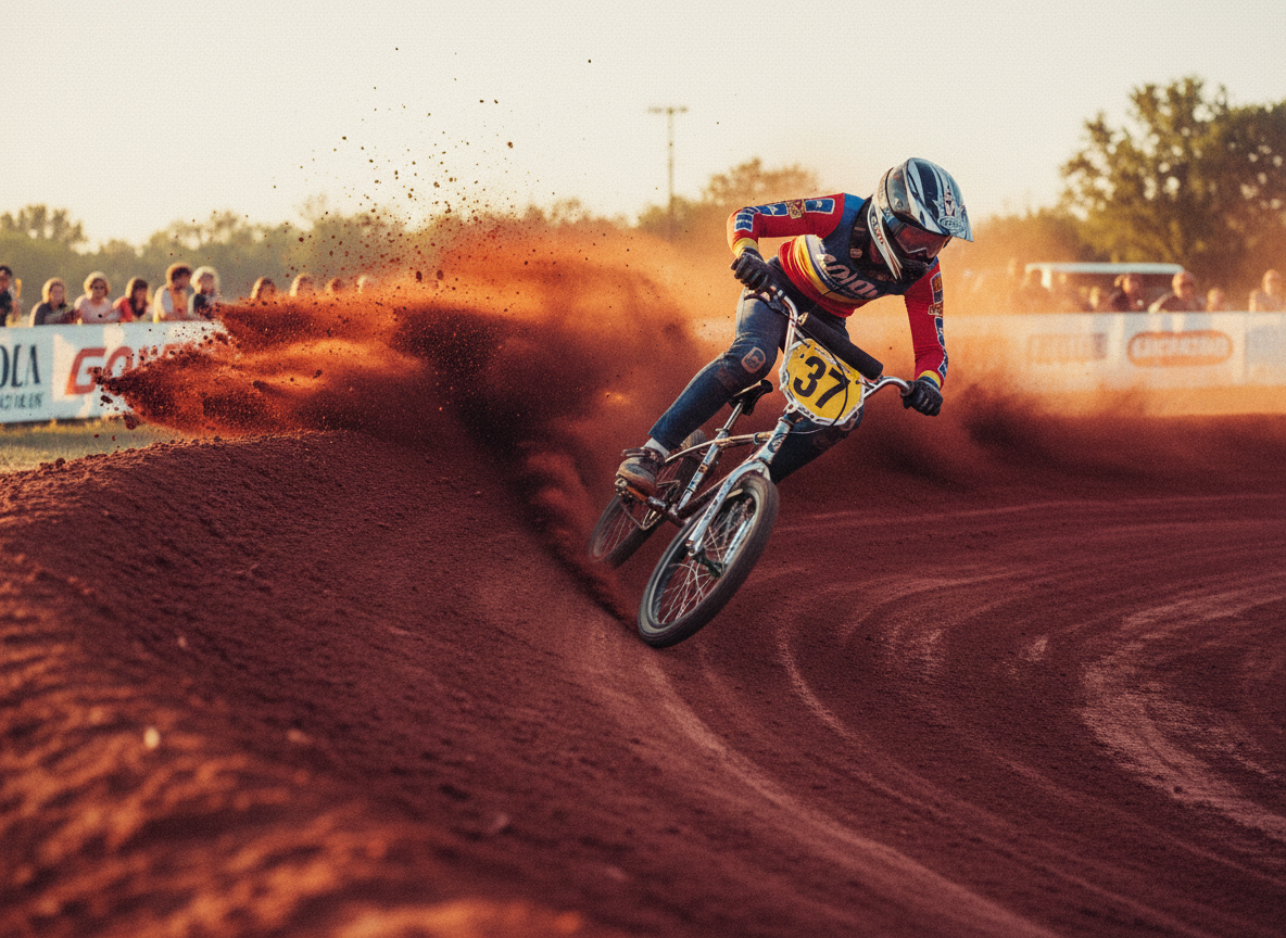 BMX rider racing through a red clay berm