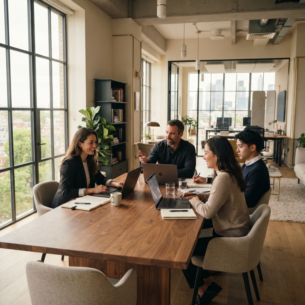 Team collaborating in a modern workspace