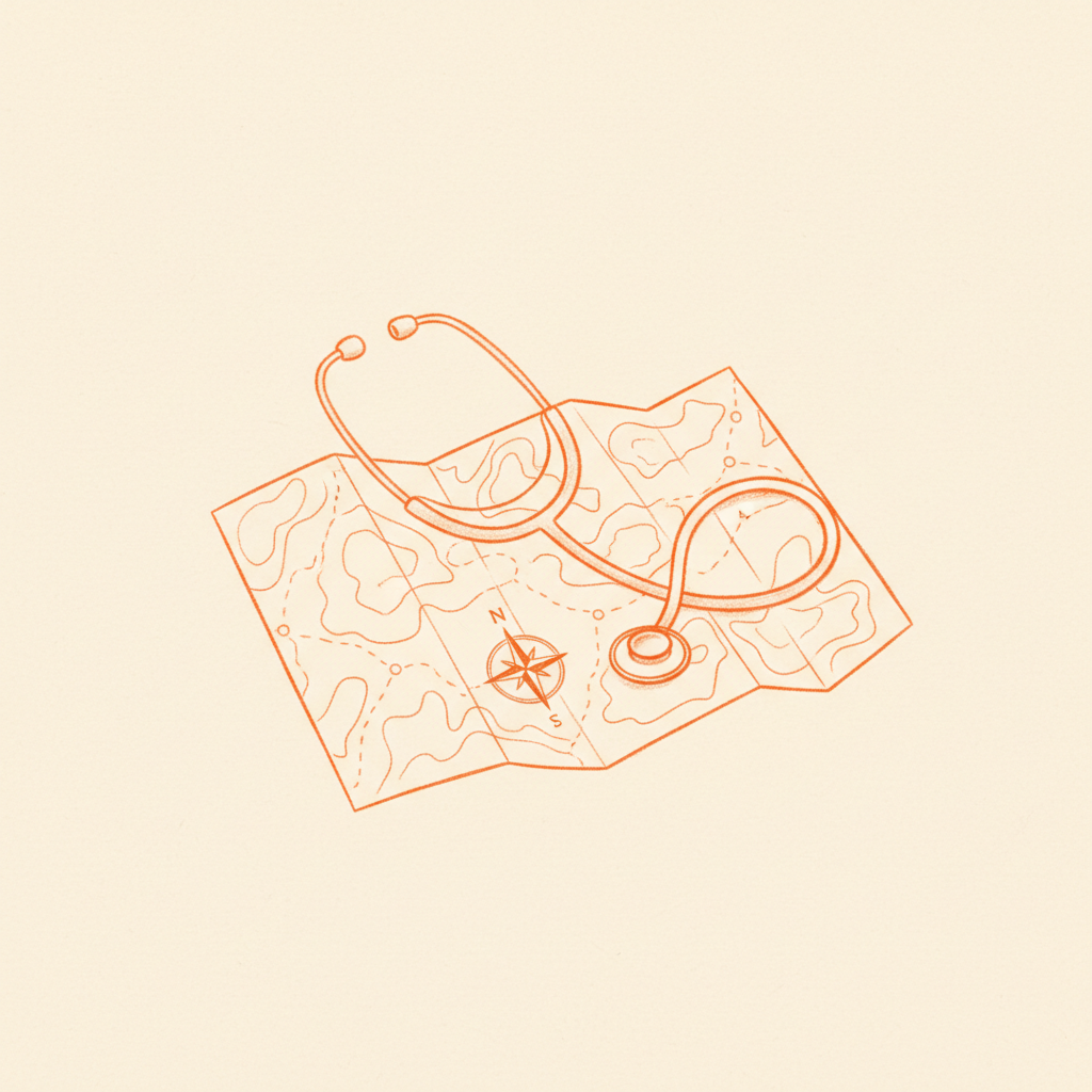 A stethoscope resting on a map with a compass needle — positioning is a diagnostic practice.