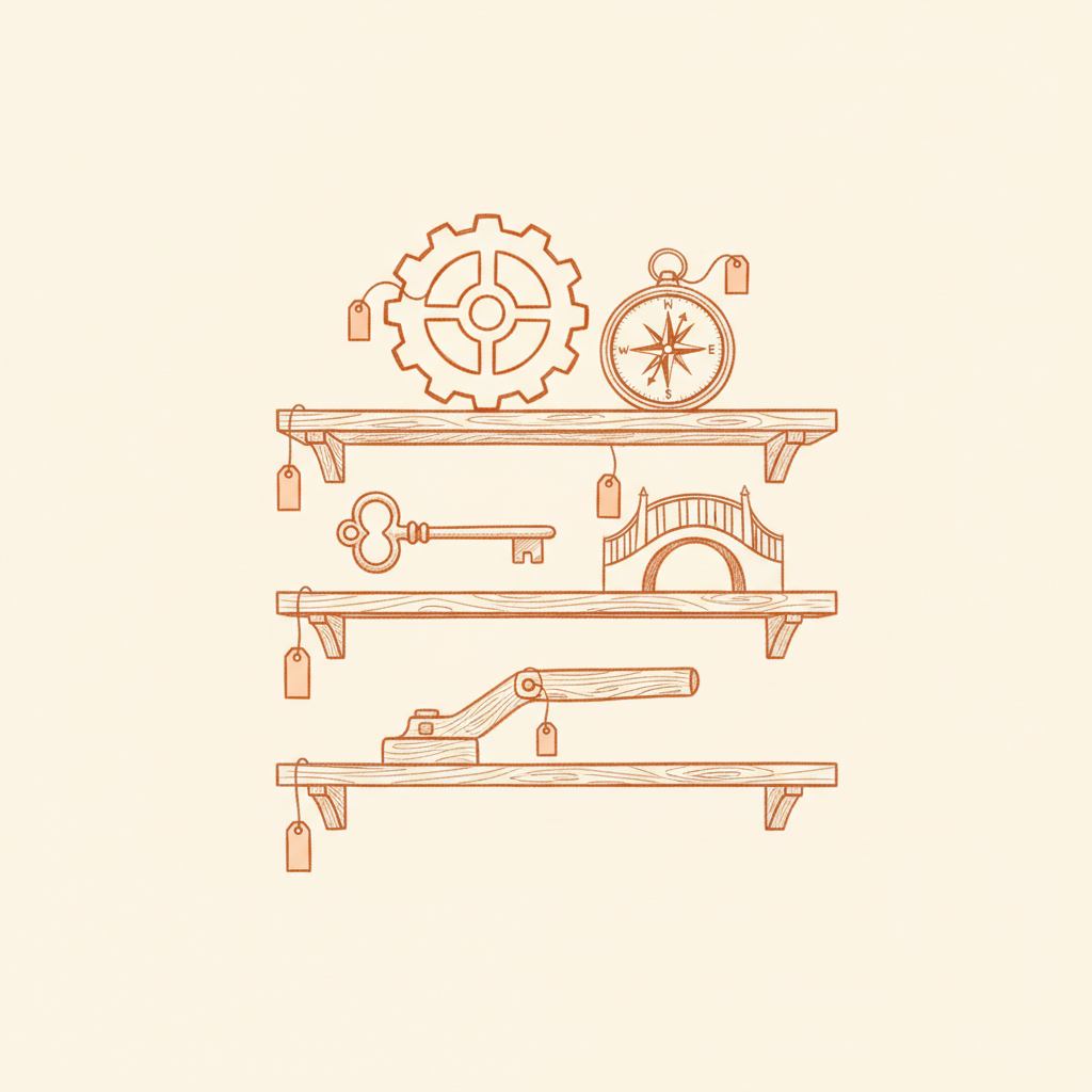 Neatly labelled shelves holding distinct assets — your career is your inventory.