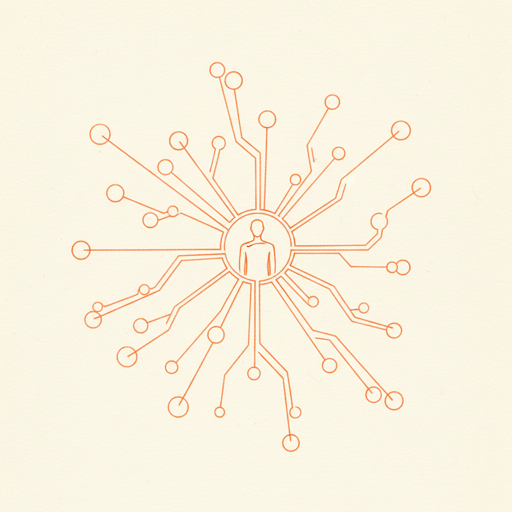 A network of nodes connected by orange distribution routes radiating from a central figure — your network is your distribution channel.