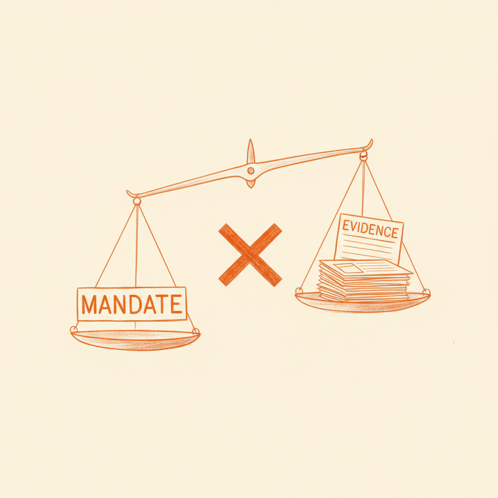 A balance scale with a mandate on one side and a stack of evidence on the other — hiring equals mandate times evidence.