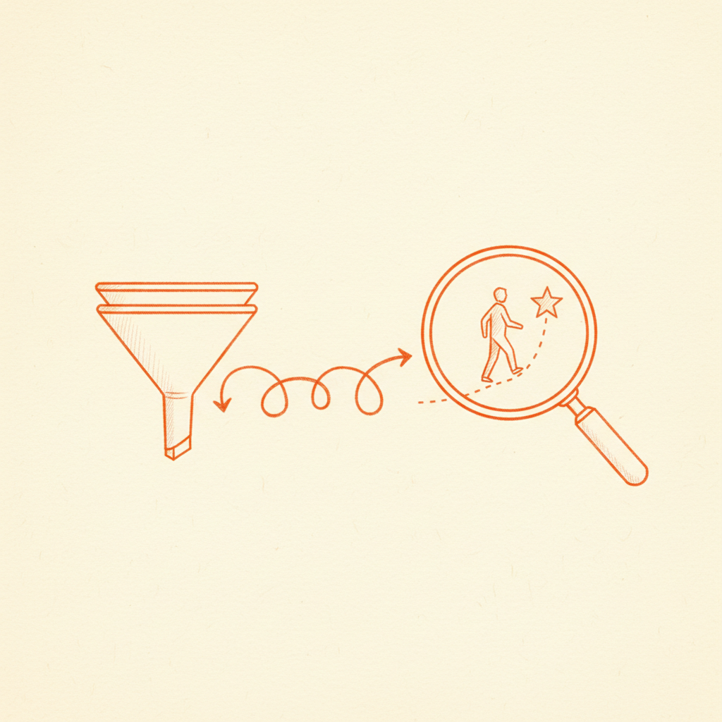A marketing funnel transforming into a magnifying glass over a career path — brand strategy becoming career strategy.