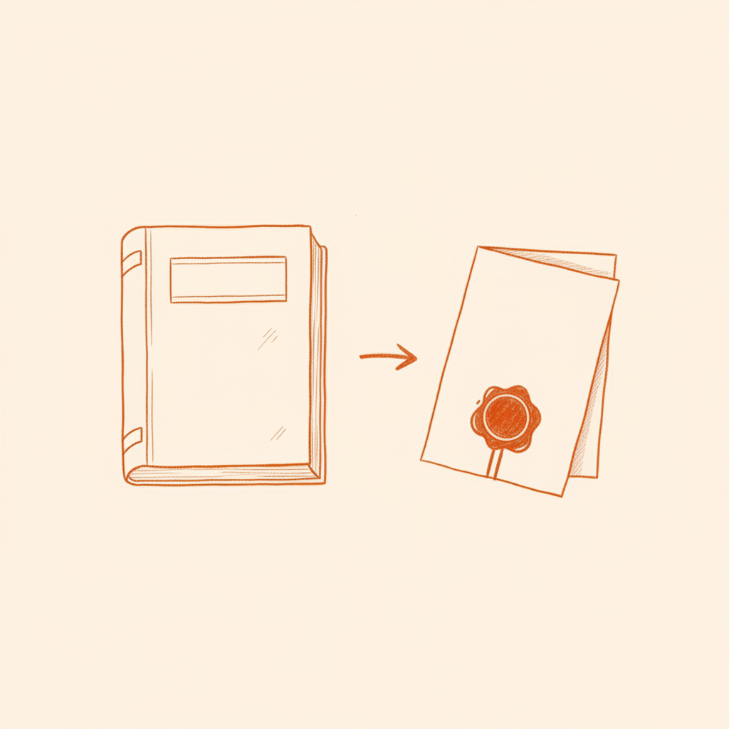 A thick catalogue on the left, a sealed promise note on the right — your CV is a catalogue, your value is a promise.