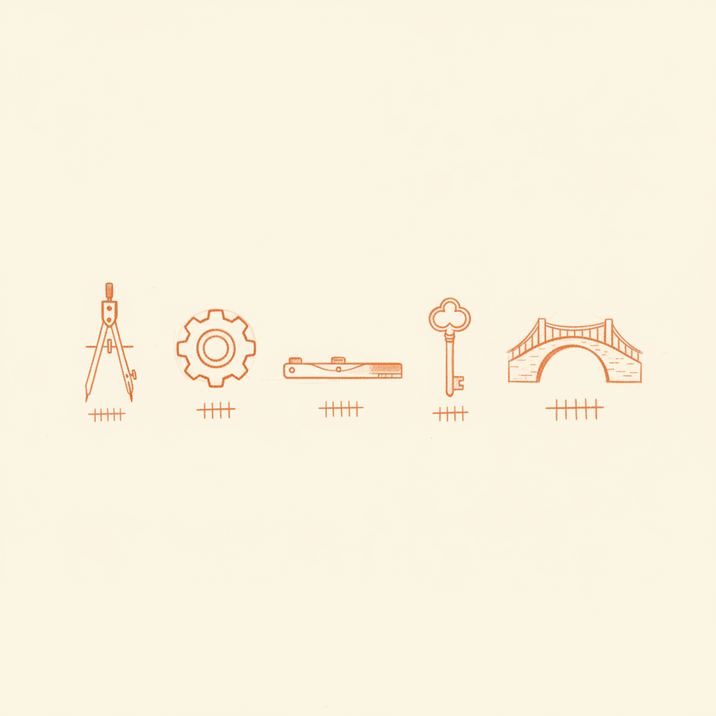 Five distinct hand tools lined up — the five mandates behind every executive hire.