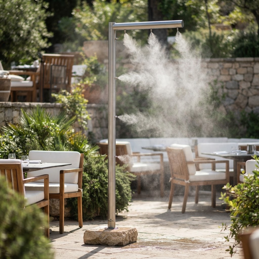 Venkovní nízkotlaké mlžení 2–8 bar (200–800 kPa) na terase restaurace bez mokrého efektu