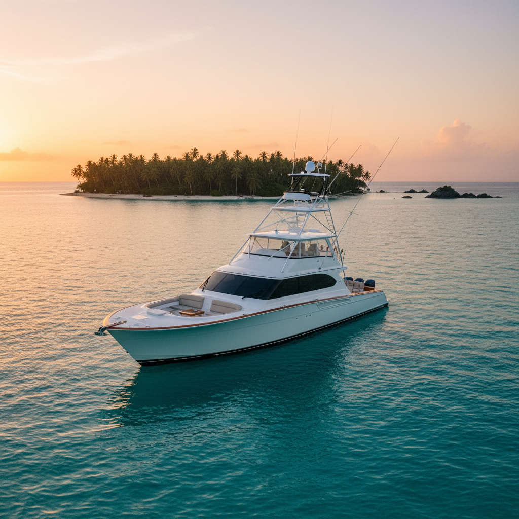 Sport fishing boat in tropical waters at golden hour