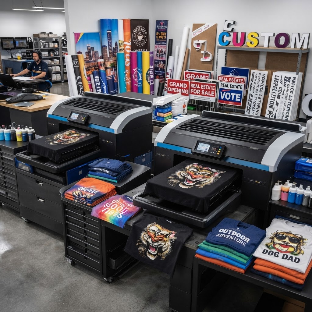 Custom apparel and signage production floor