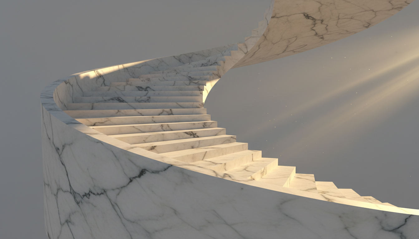 Architectural staircase ascending through golden light