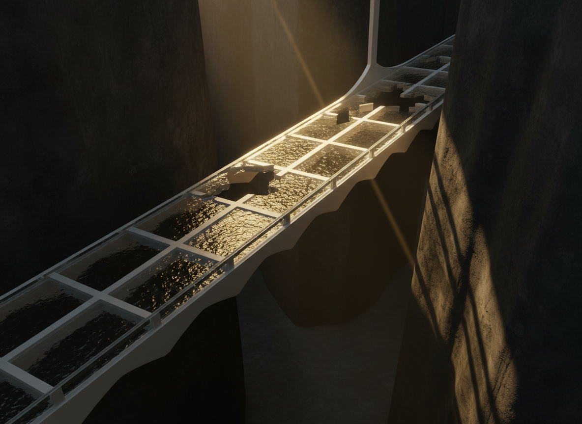 Glass bridge spanning a void with golden light
