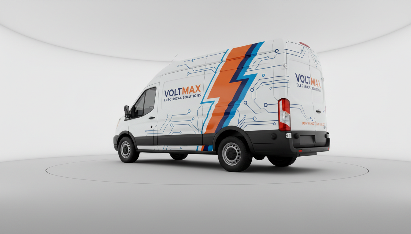 White high-roof cargo van showing full coverage commercial wrap for electrical trade with lightning bolt graphics