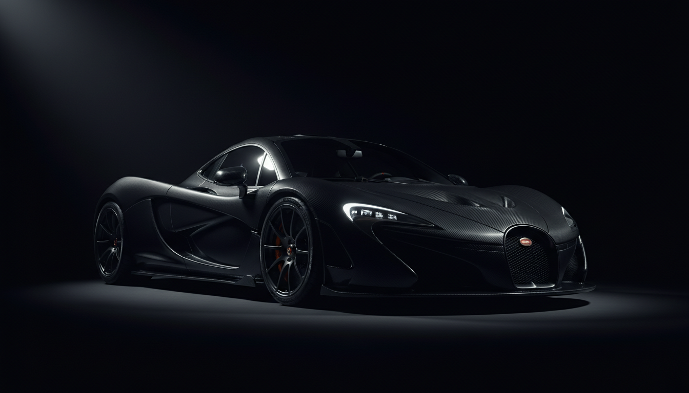 Flagship hypercar emerging from darkness with dramatic rim lighting
