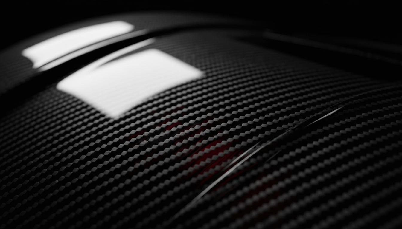 Extreme macro of carbon fiber weave with crimson reflections