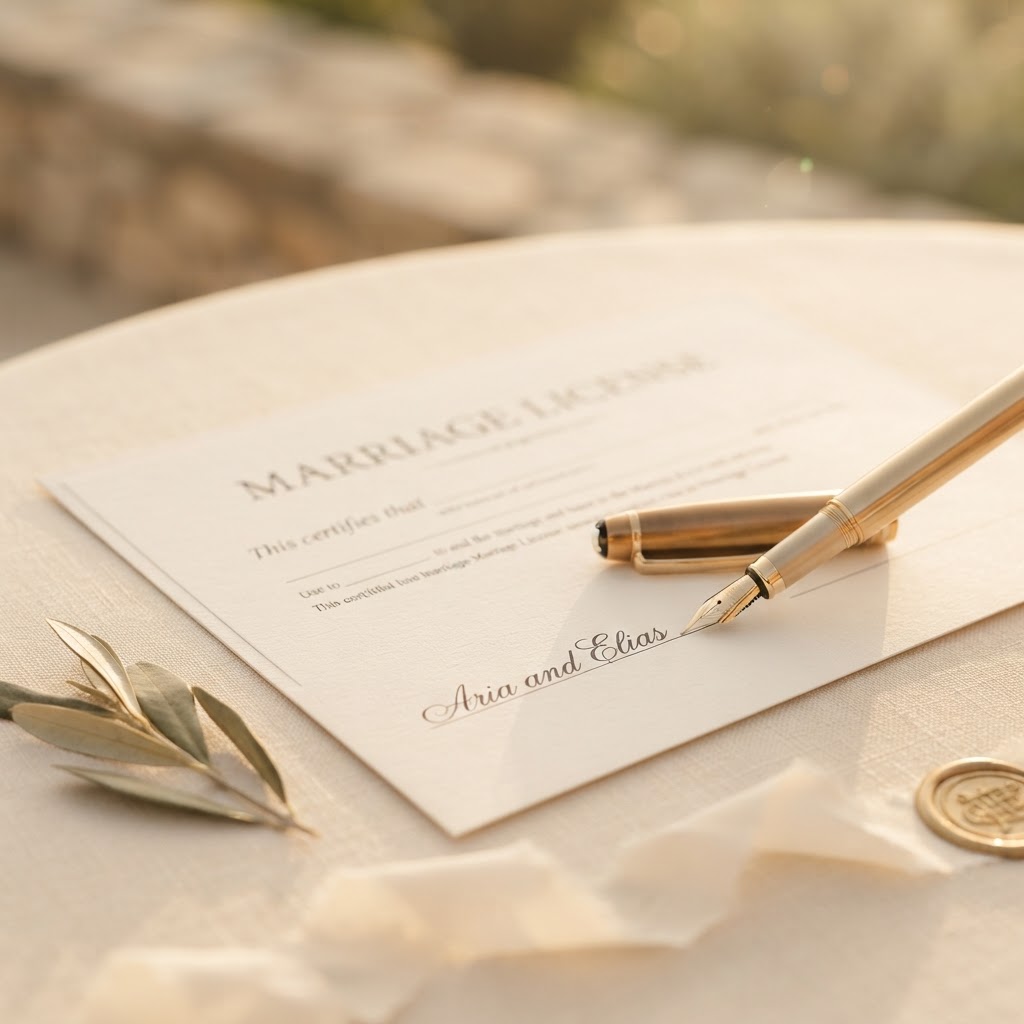 Gold fountain pen signing a marriage license on warm cream linen