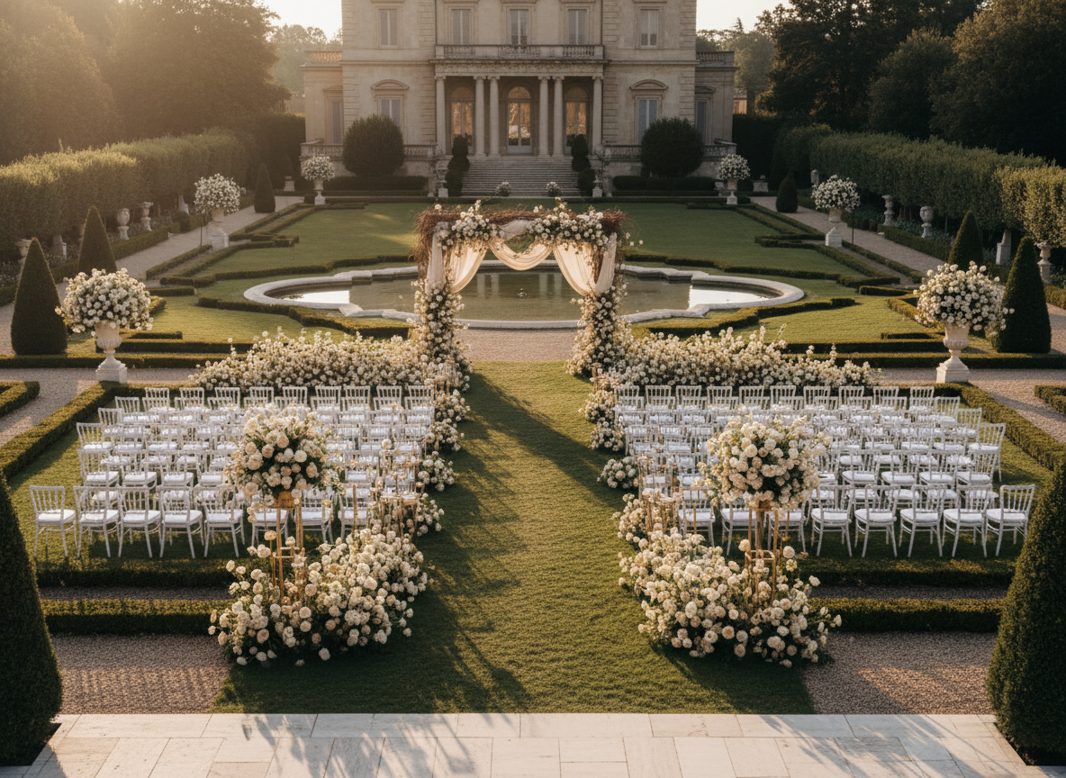 Grand estate garden setup for a large-scale wedding ceremony