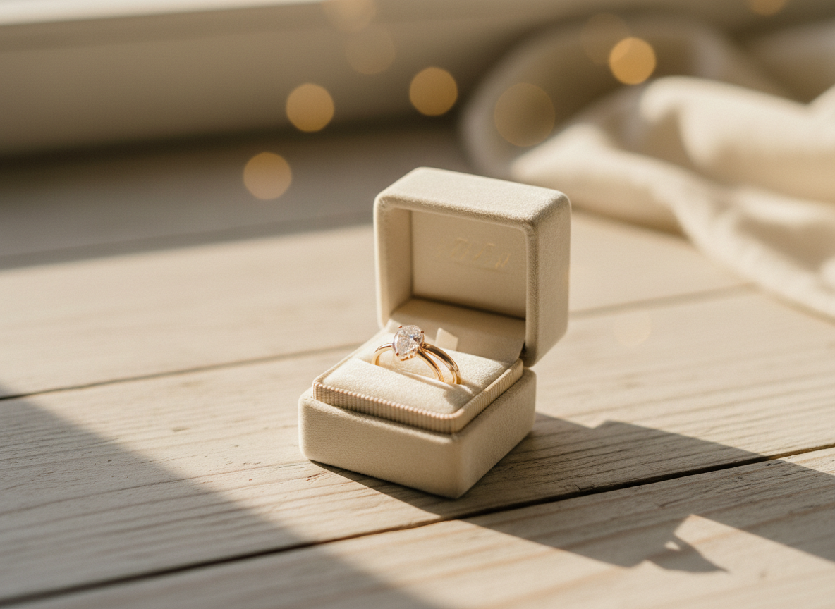 Elegant ring box on rustic wooden table in soft light