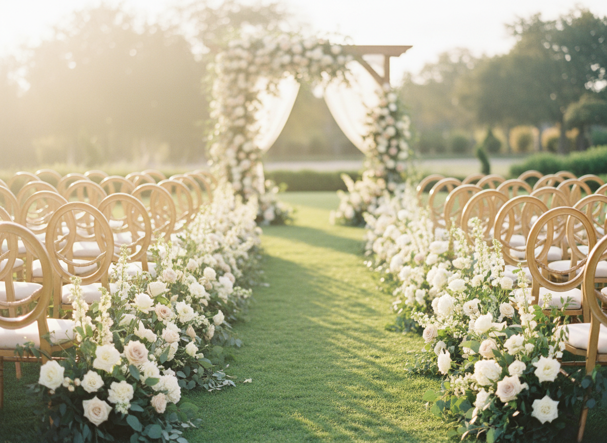 Boutique outdoor wedding ceremony with blooming florals at golden hour