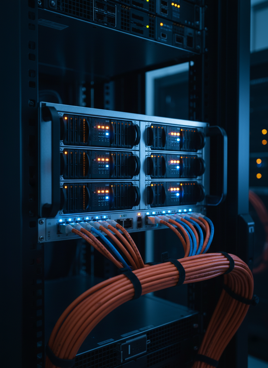 Enterprise SAN storage array with fiber channel connections and status LEDs
