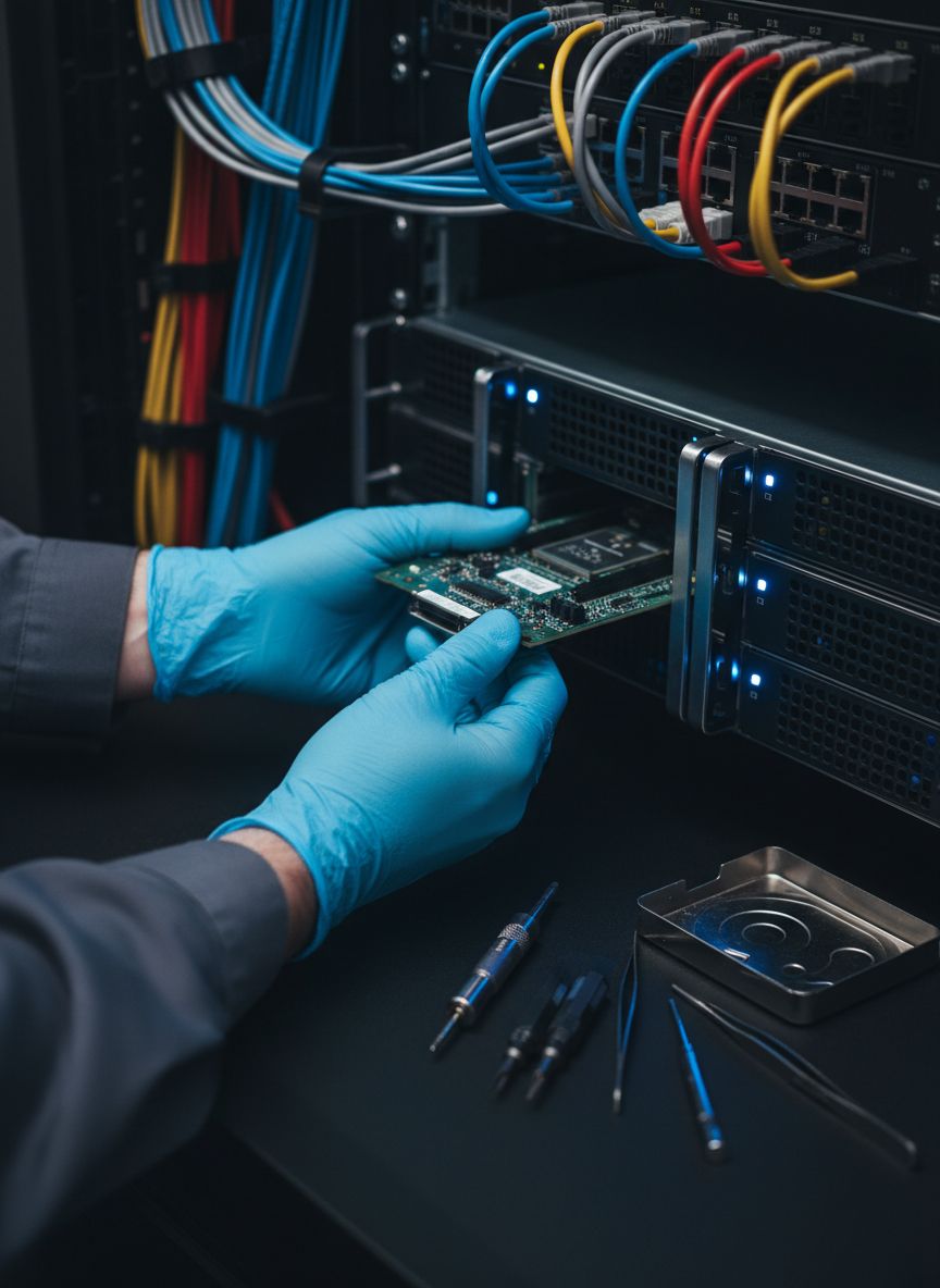 Close-up of precision server blade replacement in a data center environment