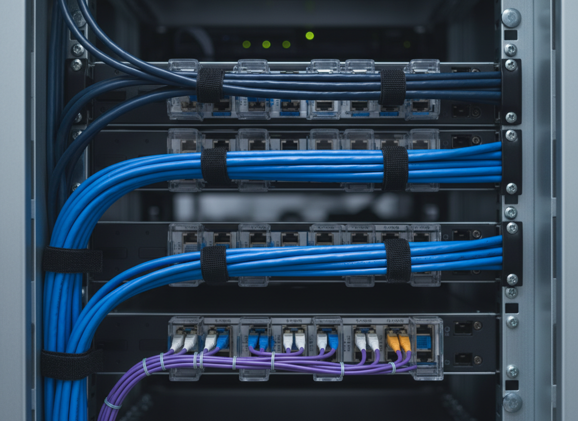 Macro shot of perfectly dressed CAT6 and fiber optic cables in a rack, managed with surgical precision