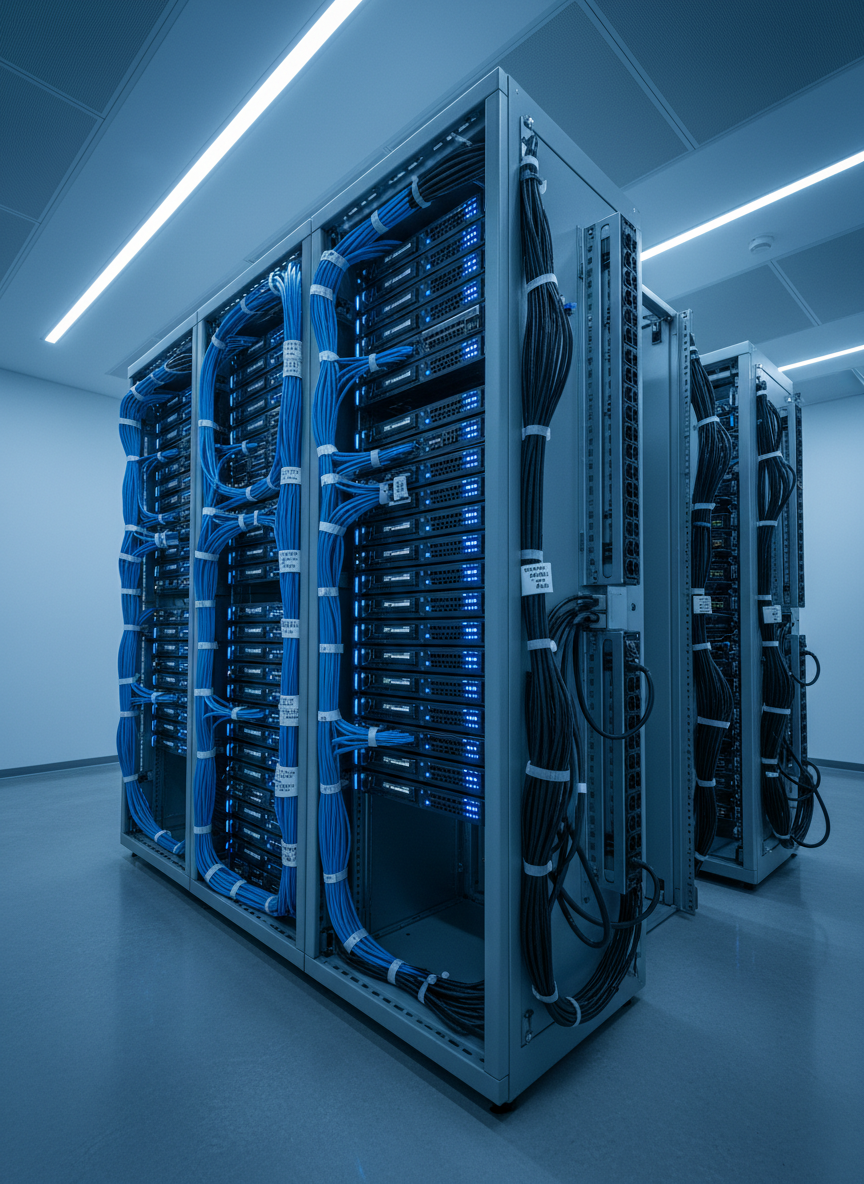 Completed server rack installation in a data center with perfectly organized cables