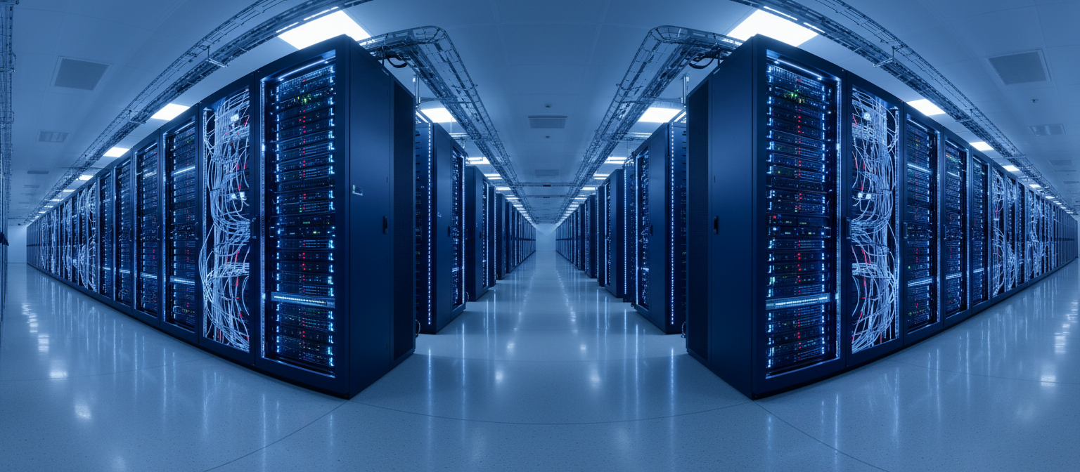 Symmetrical server racks in a clean-room data center aisle with blue overhead lighting