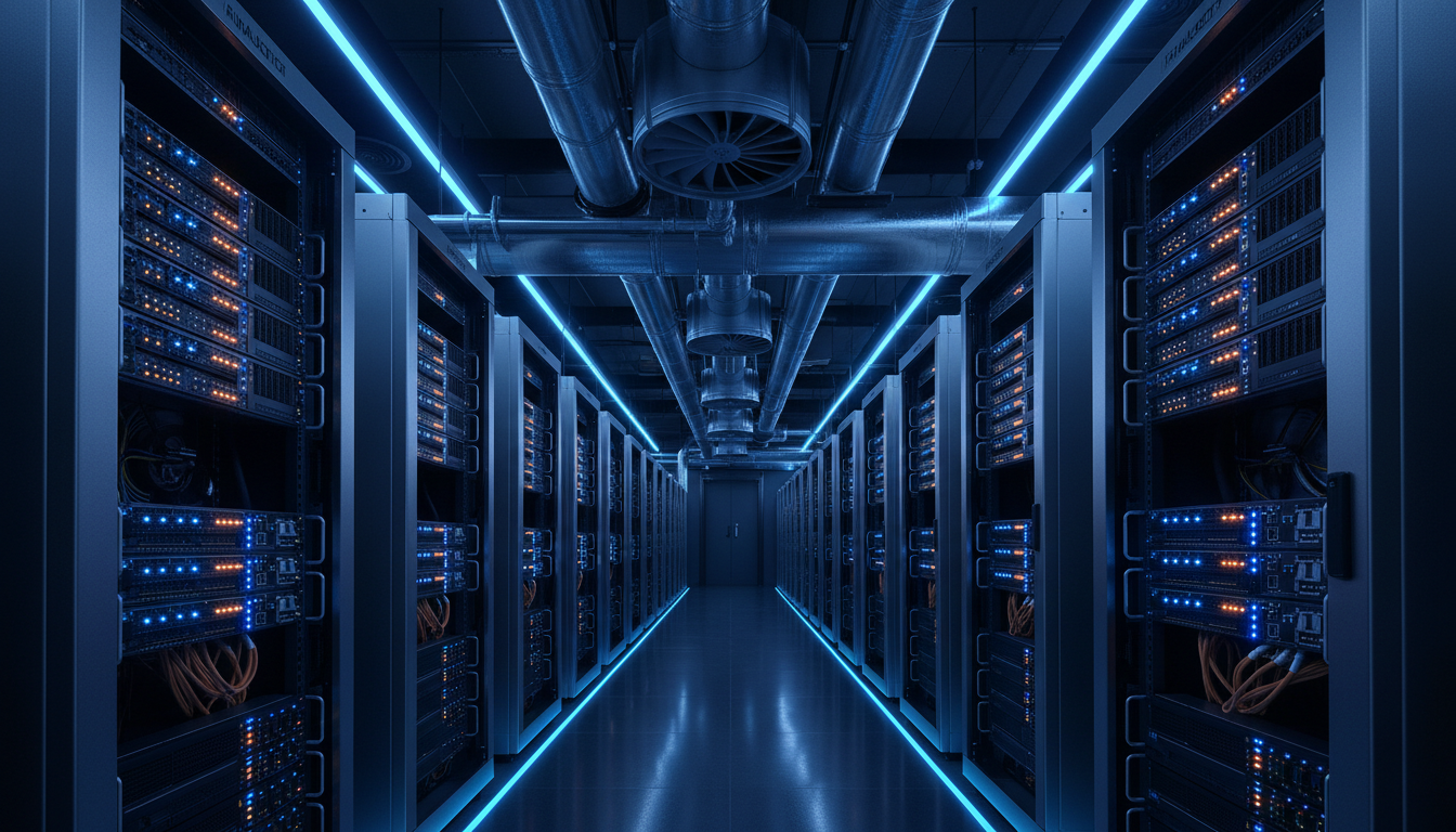 High-density GPU server cluster with glowing status lights in a modern data center