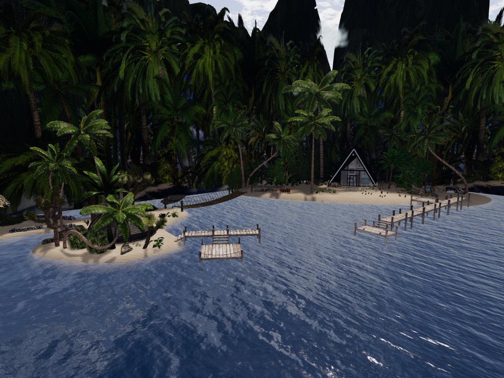 Tropical coastal piers and palms