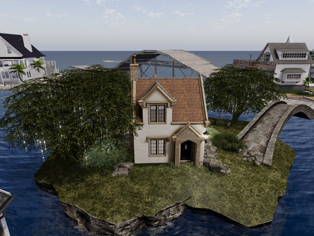 Island cottage with stone footbridge