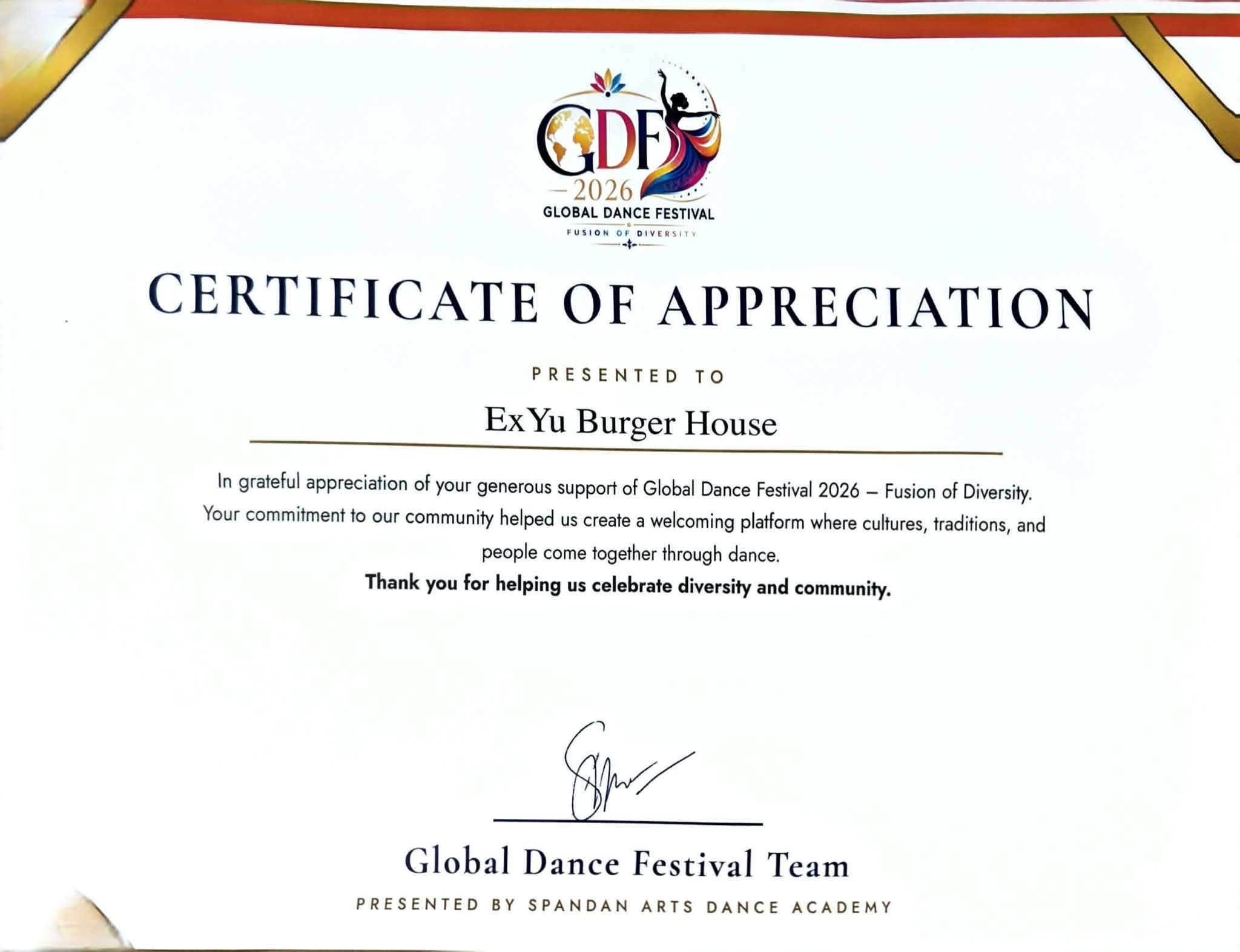 Certificate of Appreciation from Global Dance Festival 2026