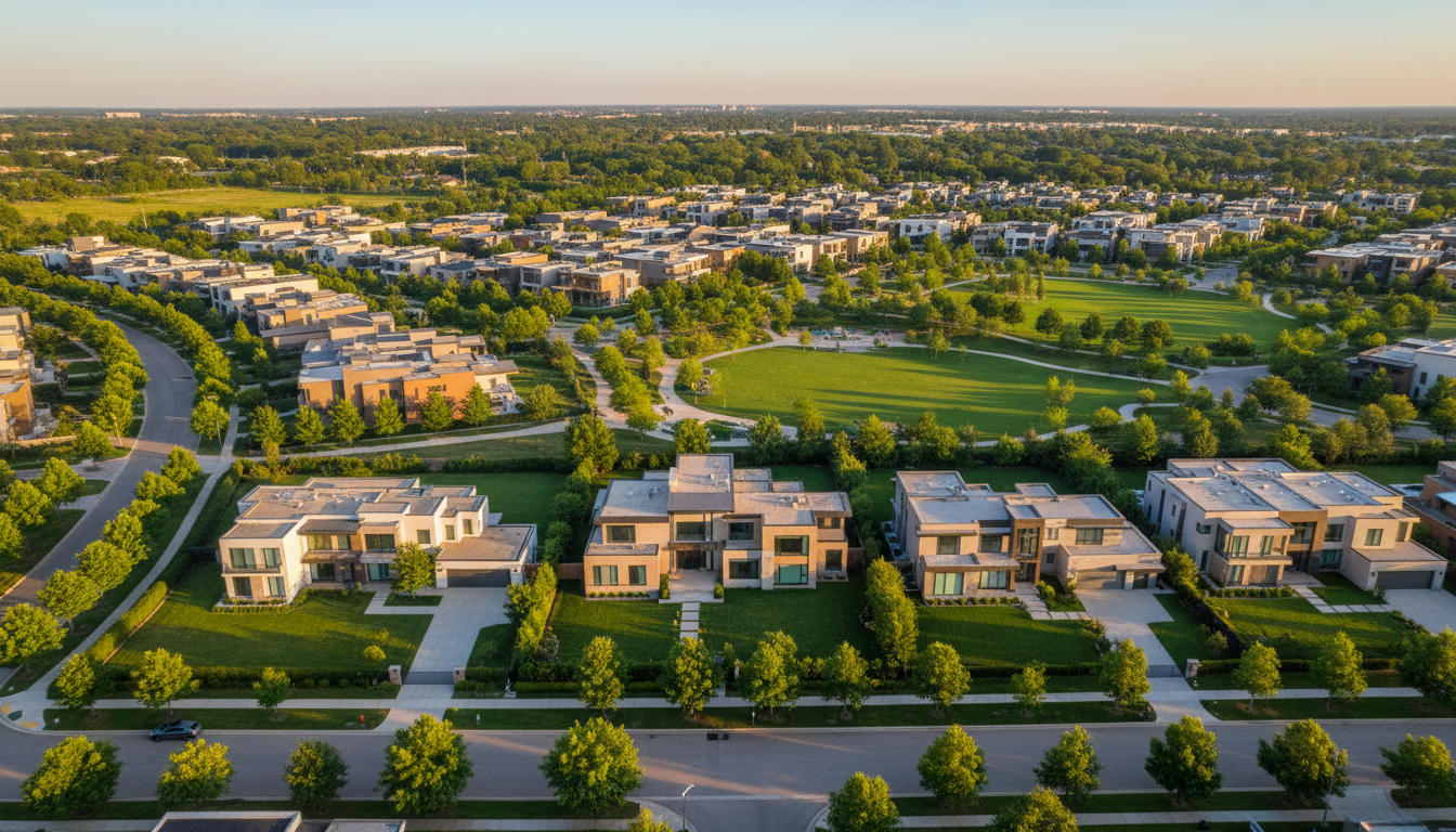 Aerial view of upscale neighborhood