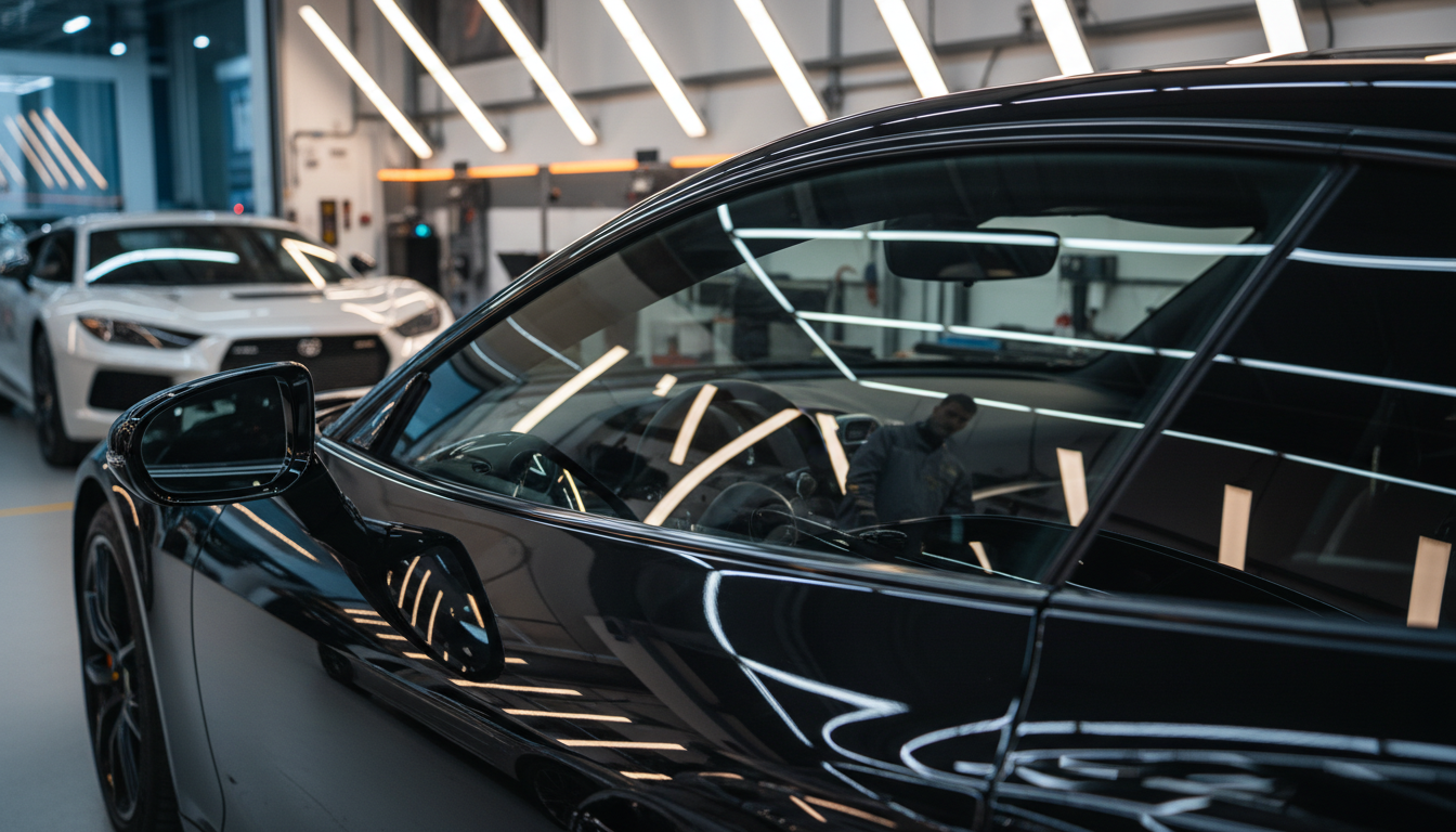 Mirror-finish polished car reflecting the workshop