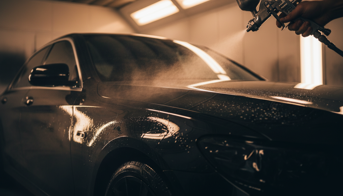 Professional auto body paint booth with luxury car