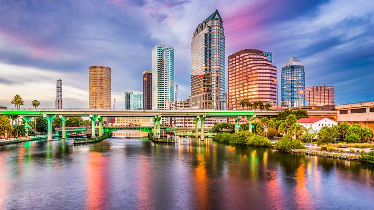 Tampa Bay area skyline at sunset
