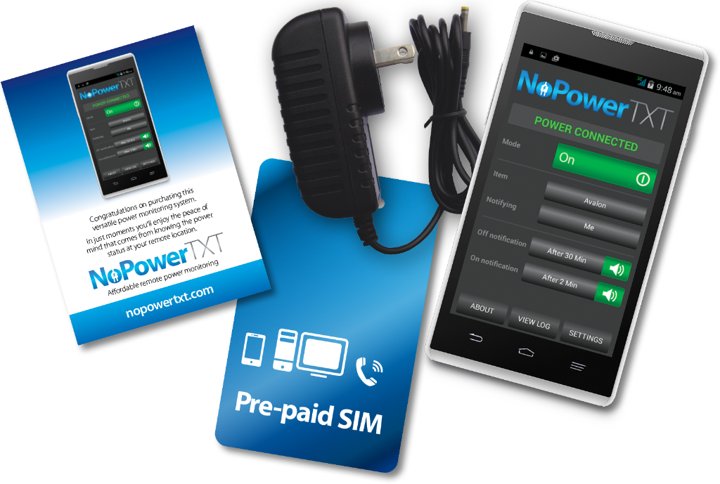 NoPowerTXT product kit contents including device, power adapter, pre-paid SIM and mobile app interface