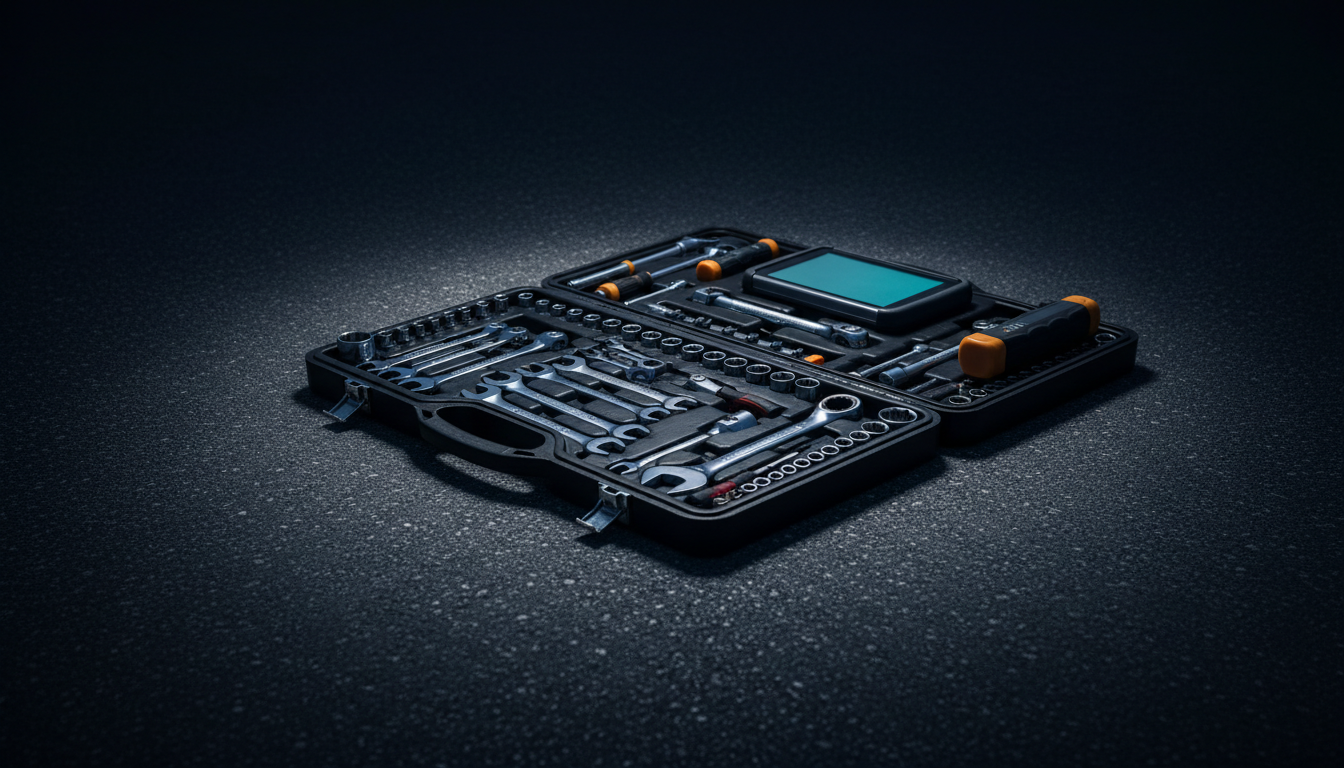 Professional mechanic toolkit on asphalt at twilight