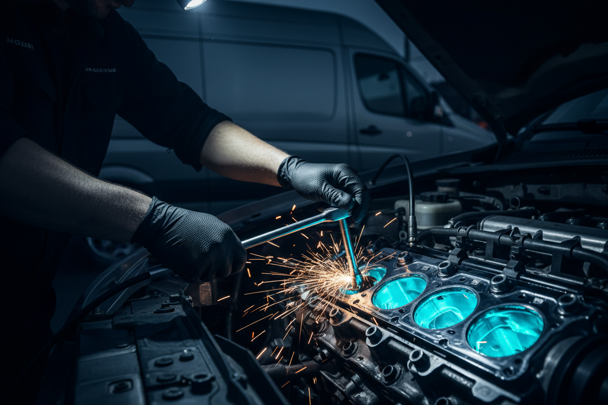 Mechanic working on engine at night with diagnostic tools