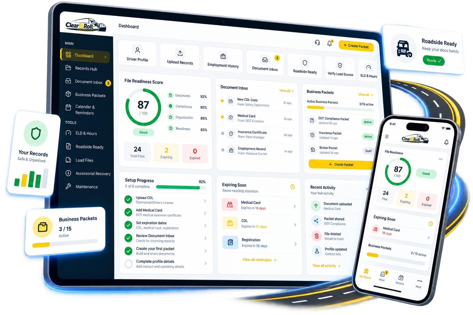 Clear To Roll dashboard shown on laptop and mobile phone