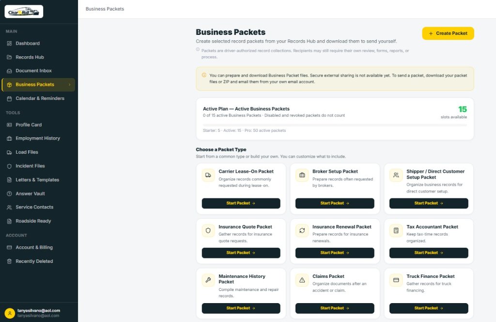 Clear To Roll Business Packets dashboard showing packet type cards, Active Plan usage, and Create Packet button