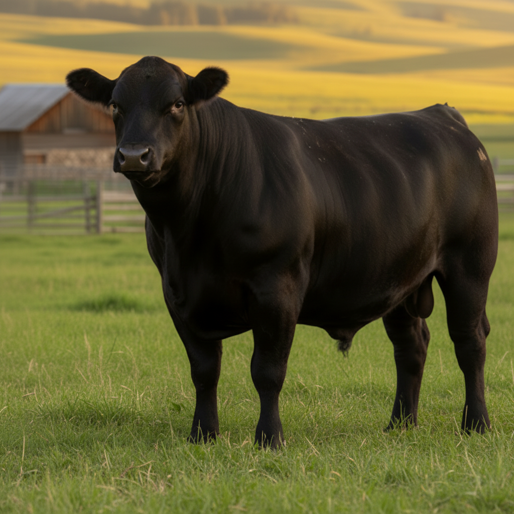 Heavy well-conditioned Angus steer on pasture