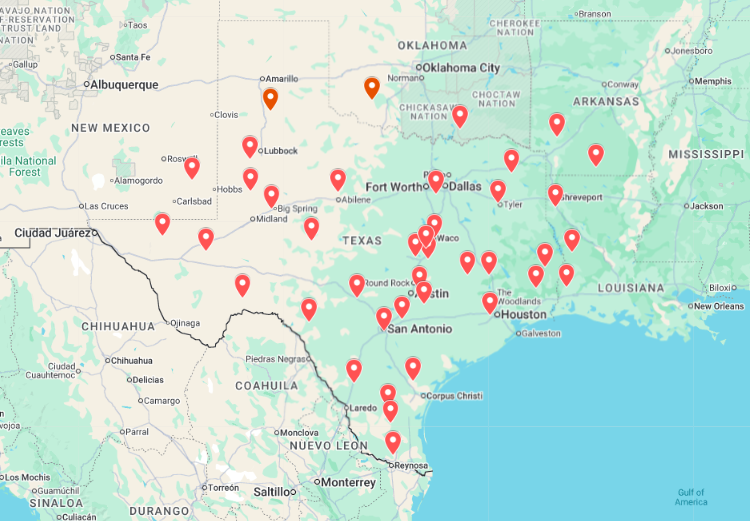 Rough Country dealer coverage map showing dealer locations across Texas, Oklahoma, Arkansas, Louisiana, and surrounding states