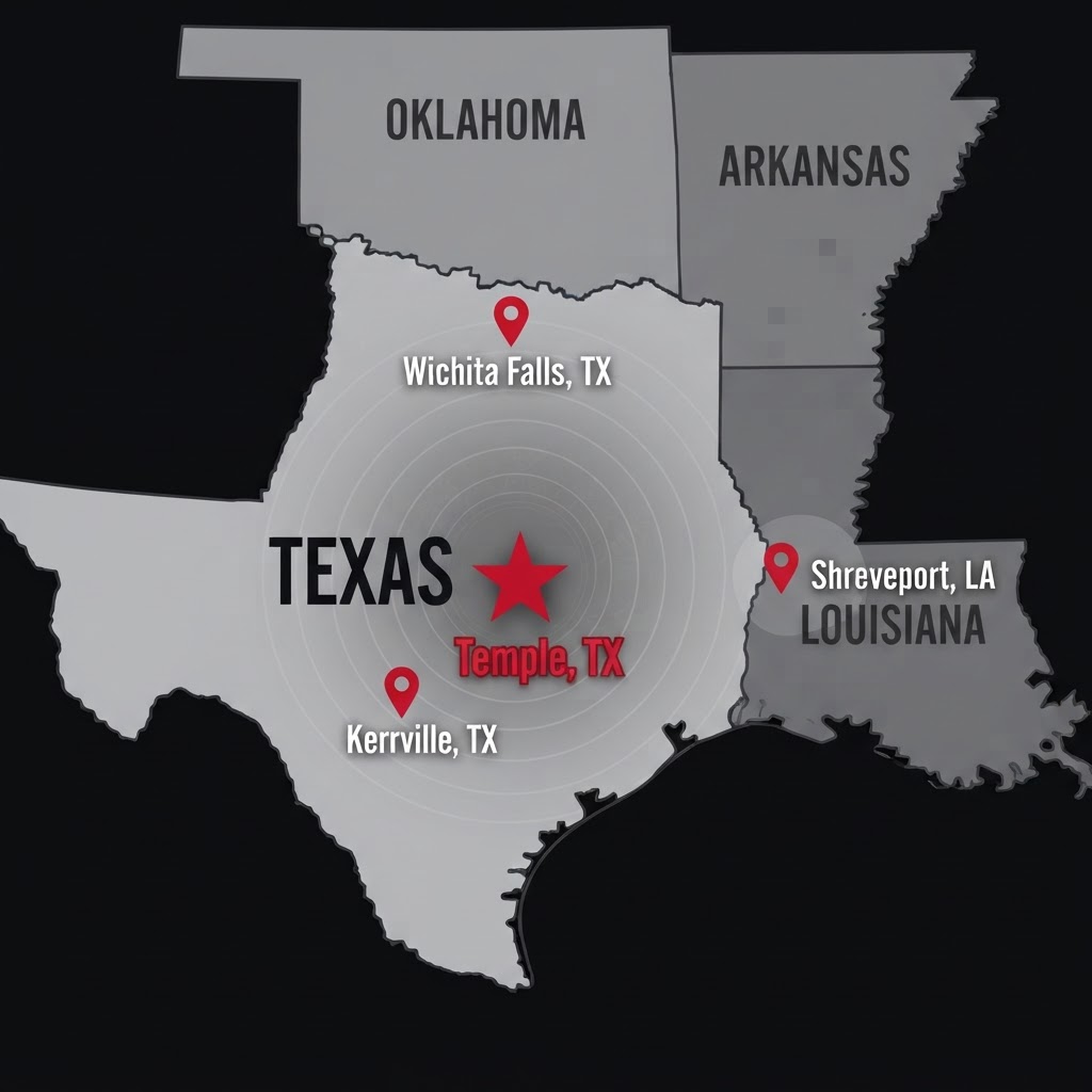 Service area map showing Texas, Oklahoma, Arkansas, and Louisiana with manufacturing headquarters in Temple, Texas and service coverage in Kerrville TX, Wichita Falls TX, and Shreveport LA