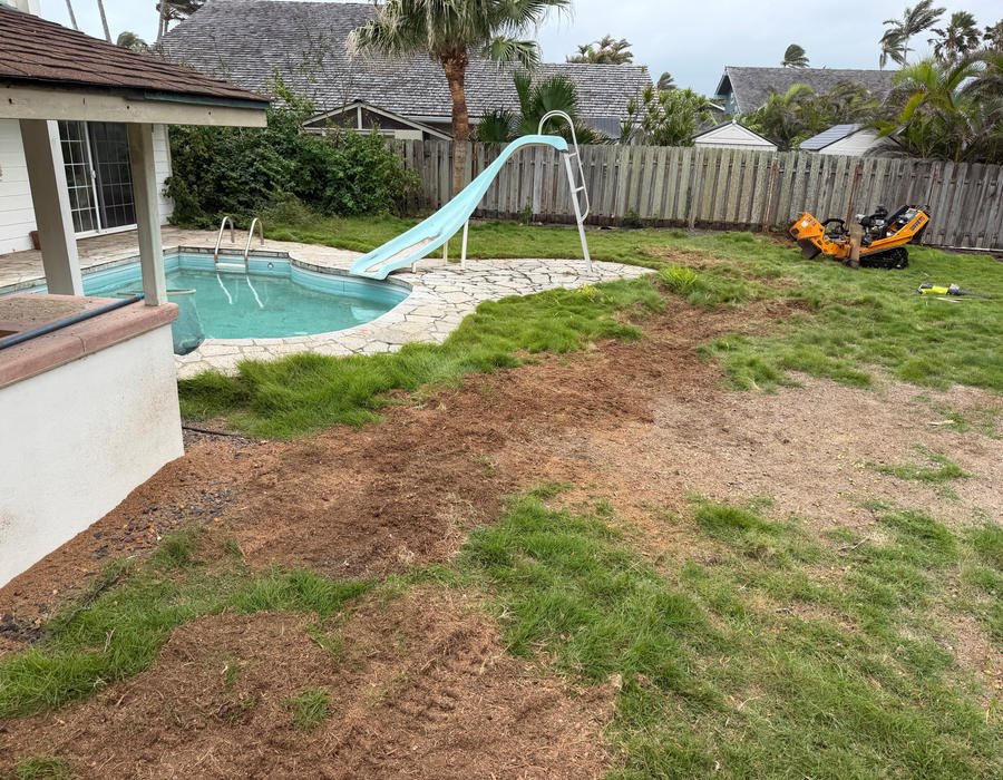 Mulched and leveled backyard area in Kailua after stump grinding cleanup