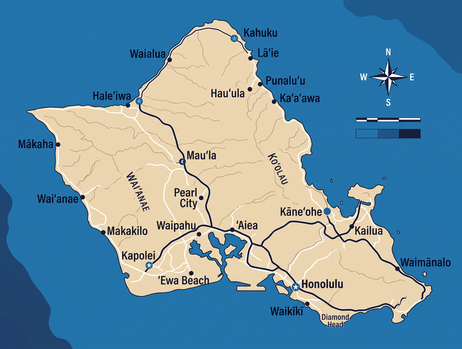 Map of the island of Oʻahu showing every city Kaimana Cleanup serves