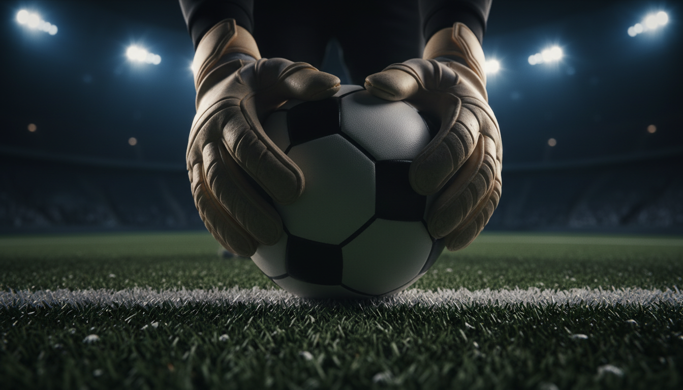 Goalkeeper gloves gripping a soccer ball under stadium lights