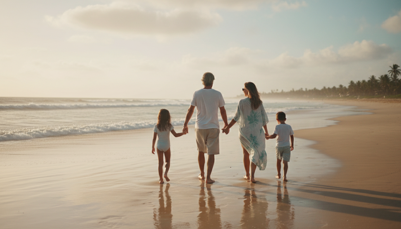 Família caminhando na praia ao pôr do sol