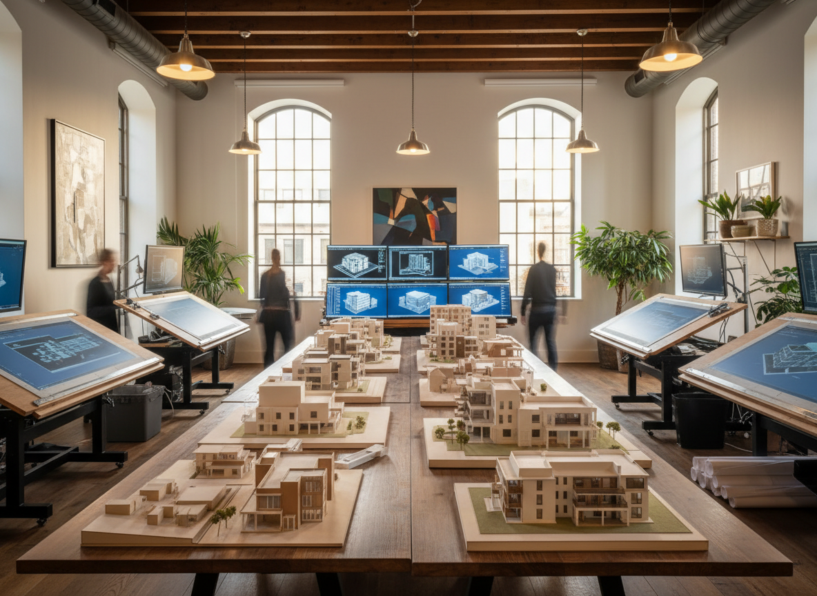Architecture studio culture with models and drawings