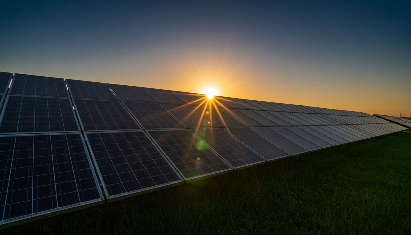 Solar panel field at golden hour
