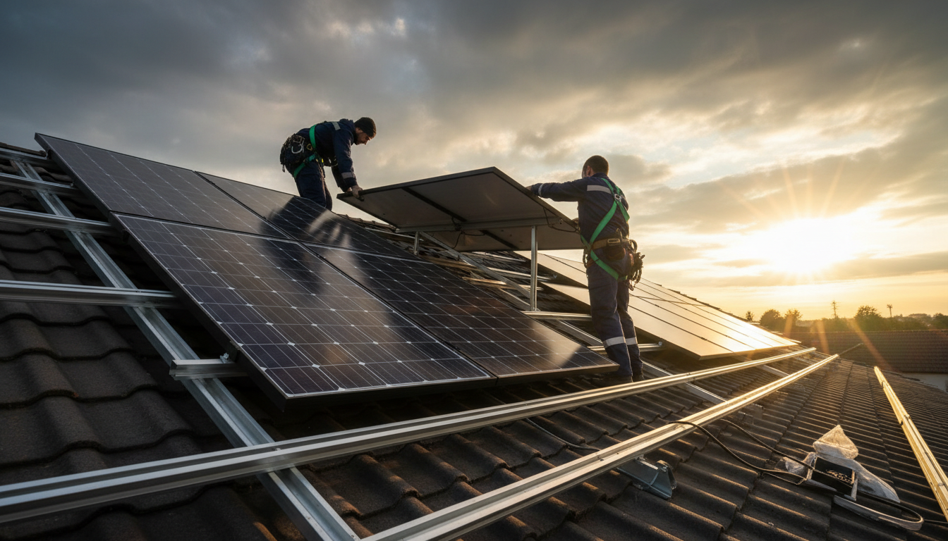 Professional solar installation team at work